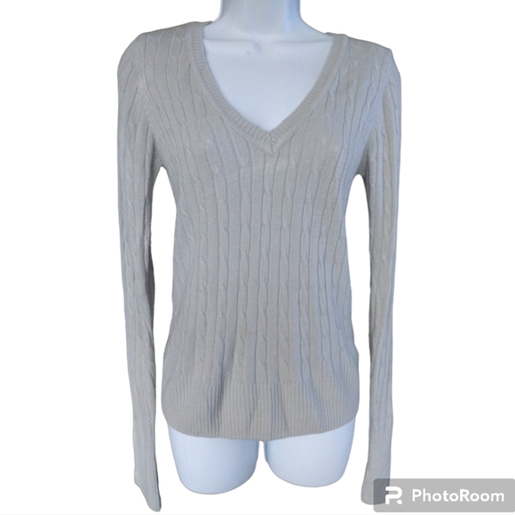 Pink Rose Gray Cable Knit V-Neck Sweater Small - Picture 2 of 16